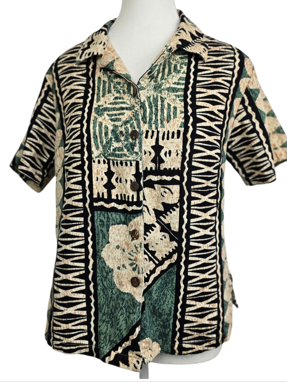 Hilo Hattie Hawaiian Short Sleeve Shirt Womenβs Sz L Button Down Tropical Floral
